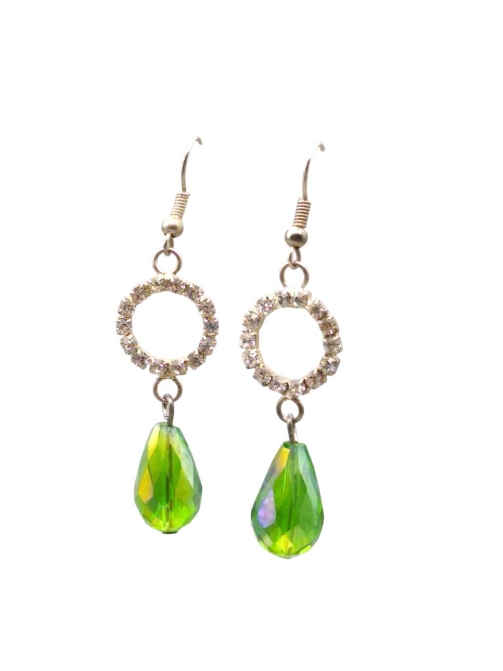 Green Teardrop Dangle Earrings, Vintage Clear Crystal Ring and Bright Faceted AB - Picture 3 of 4